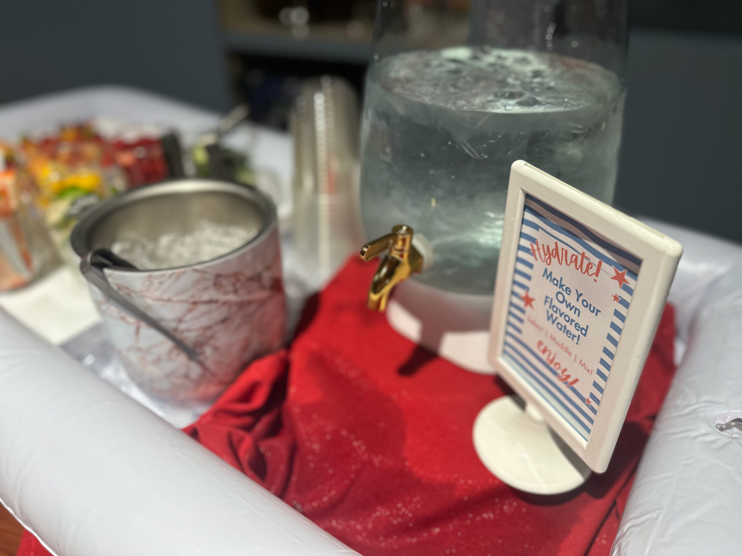 Water hydration station set up with fourth of july colorscheme