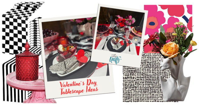 images of supplies used for a valentine's day tablescape including striped table runners, checkered table runners, crystal candy dish, white ceramic bust flower vase, and floral napkins.